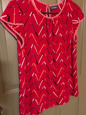 ModCloth Bright Red Zigzag Pen Print Cap Sleeve Blouse